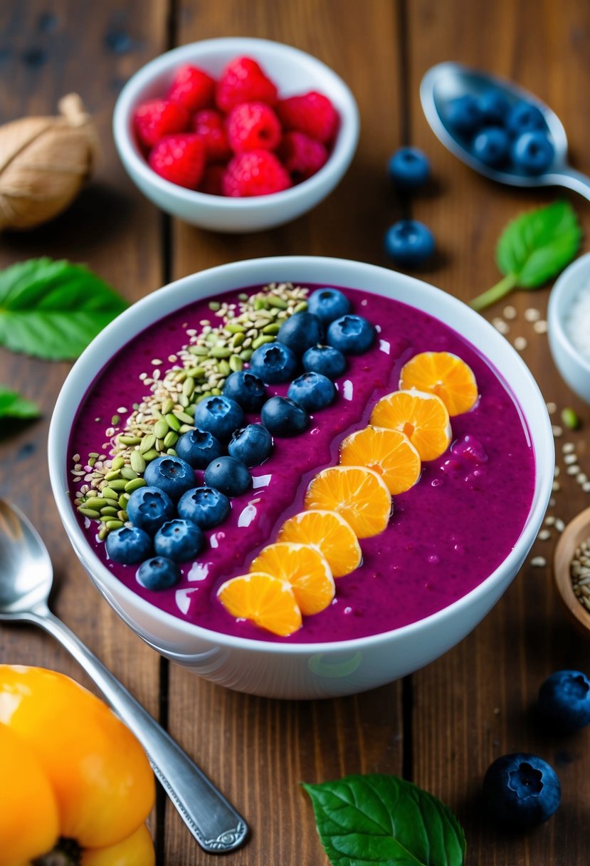 A vibrant smoothie bowl topped with fresh berries and seeds sits on a wooden table, surrounded by ingredients and a spoon