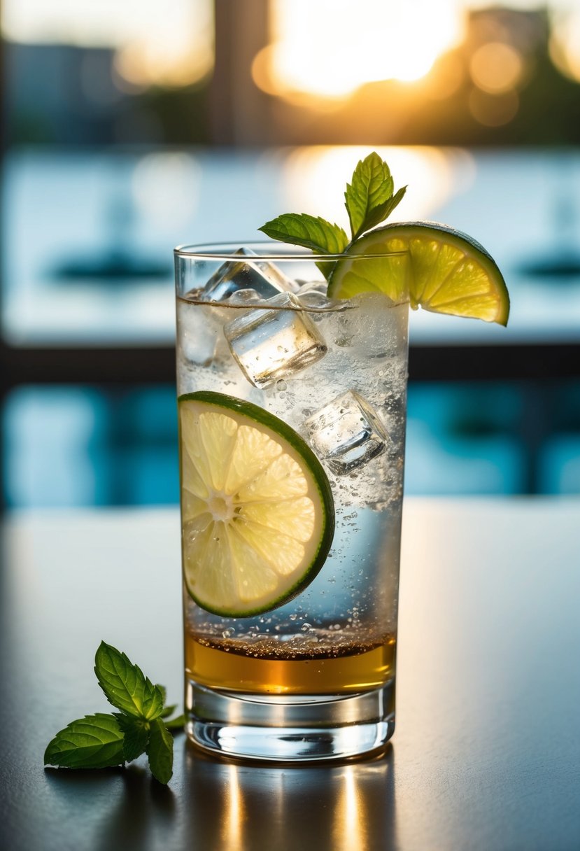 A tall glass filled with ice, bourbon, and sparkling water, garnished with a lime wedge and fresh mint sprig