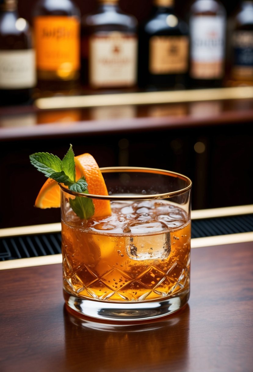 A gold-rimmed cocktail glass filled with bubbling bourbon, garnished with a twist of orange and a sprig of fresh mint, sits on a polished wooden bar