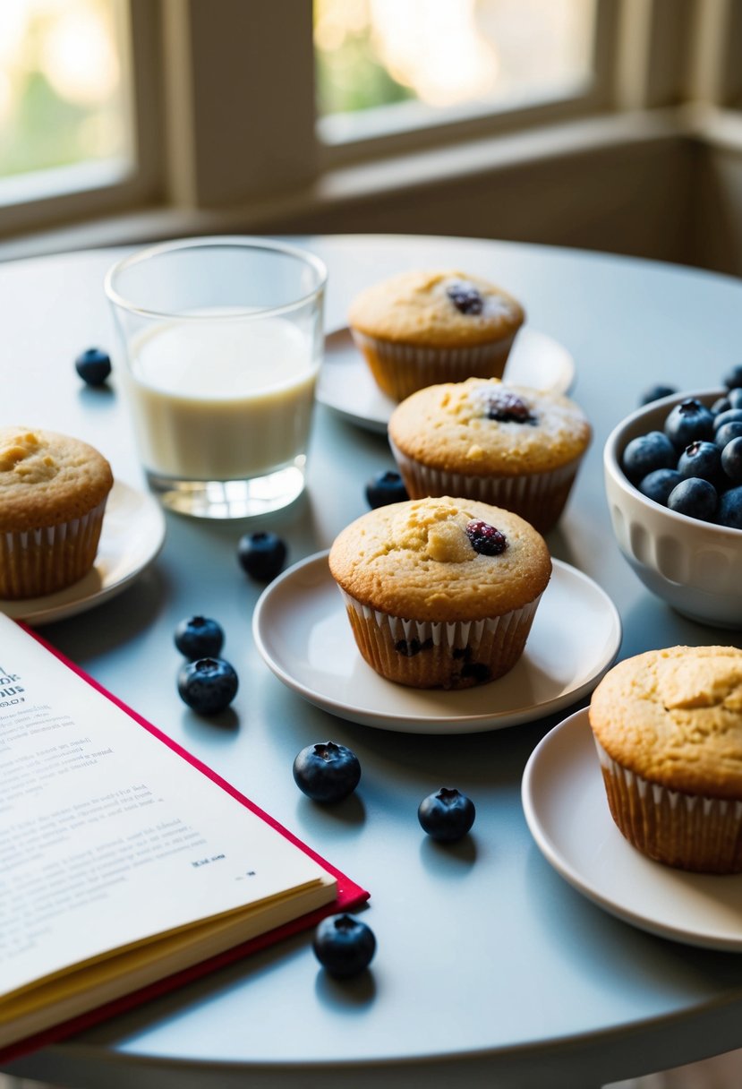 A table set with freshly baked almond flour muffins, berries, and a glass of almond milk, with a cookbook open to a gluten-free dairy-free recipe