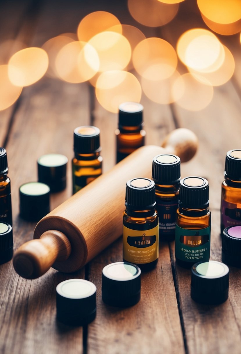 A rolling pin surrounded by various bottles of essential oils