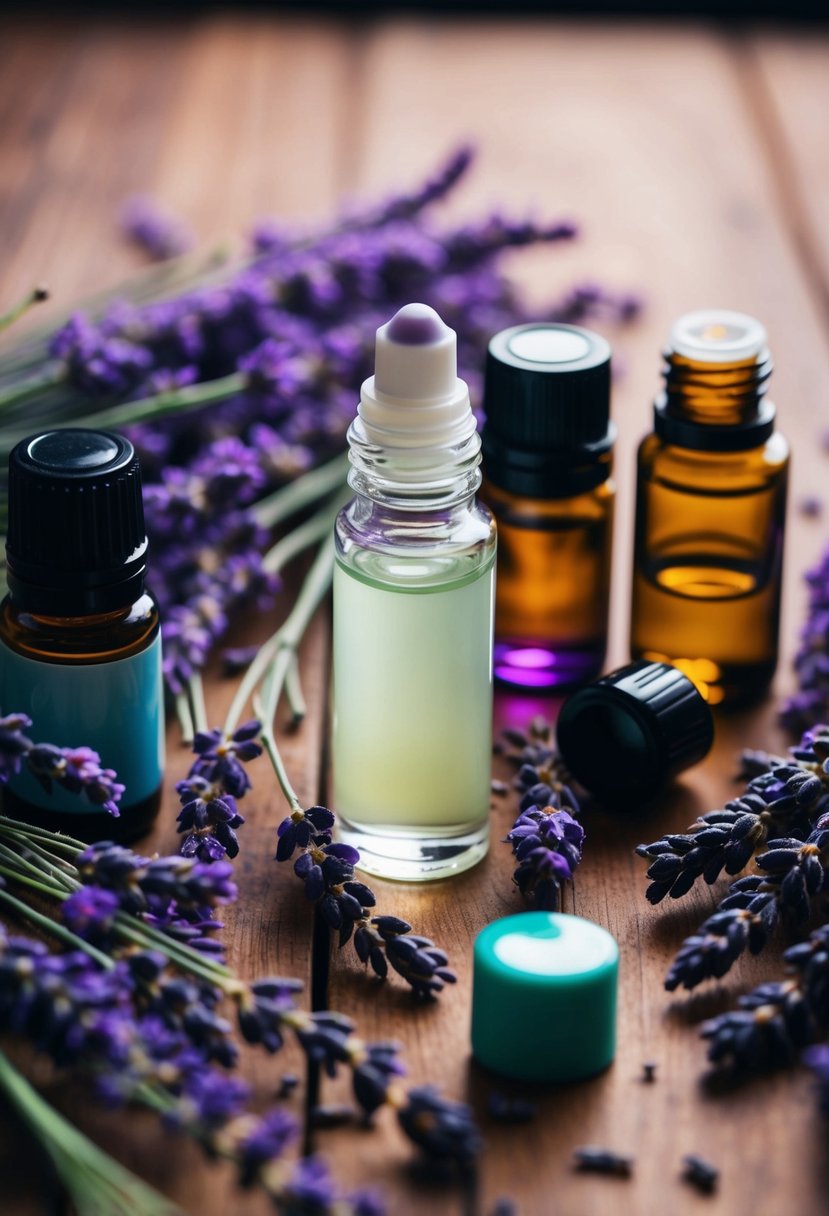 A small glass roll-on bottle surrounded by sprigs of lavender and various essential oil bottles on a wooden table