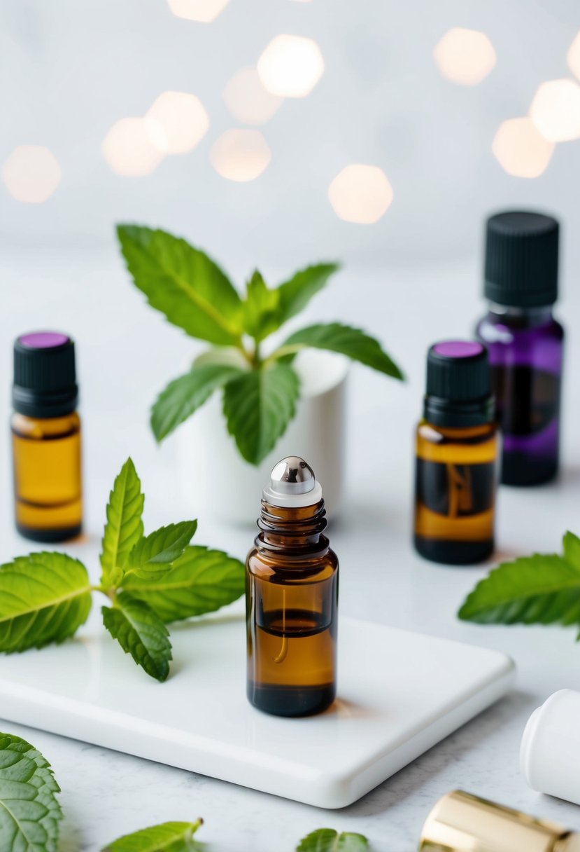 A small glass bottle with a metal rollerball sits on a clean white surface, surrounded by fresh peppermint leaves and various bottles of essential oils