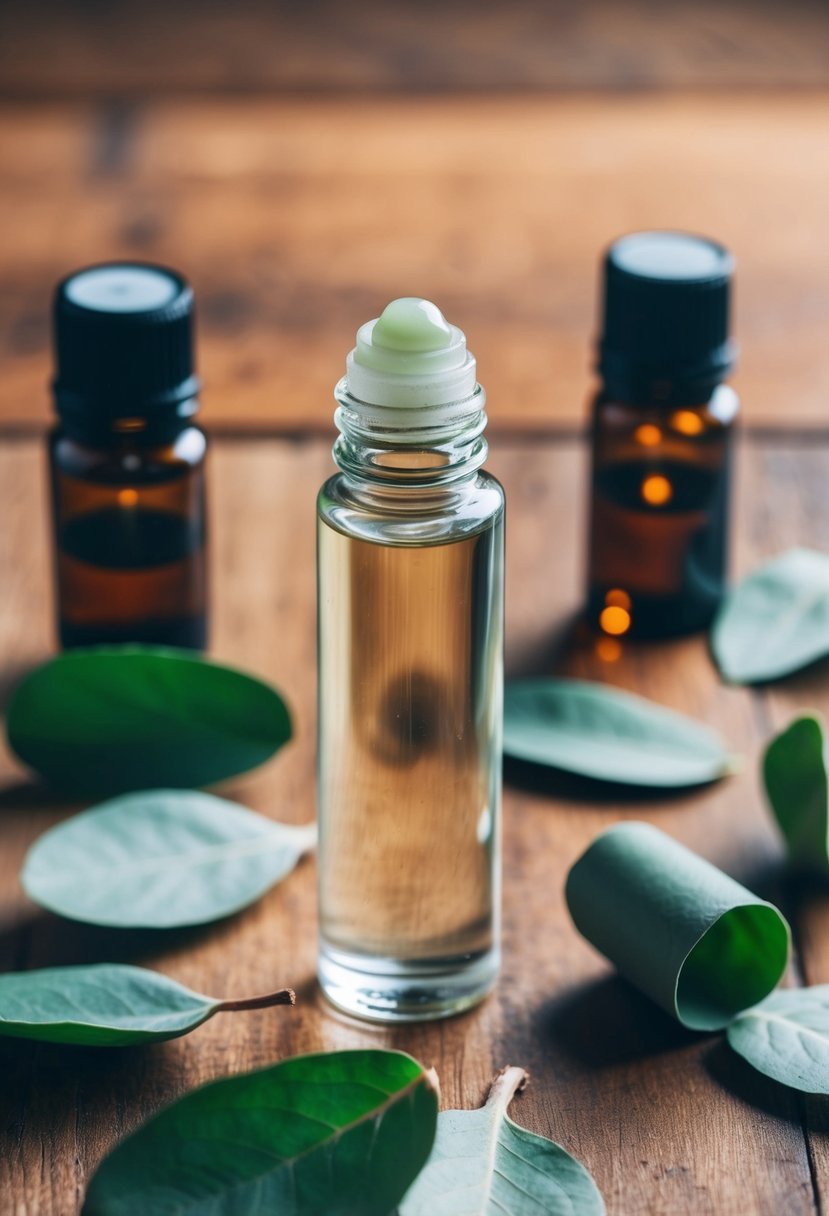 A clear glass roll-on bottle surrounded by eucalyptus leaves and other essential oil ingredients on a wooden surface