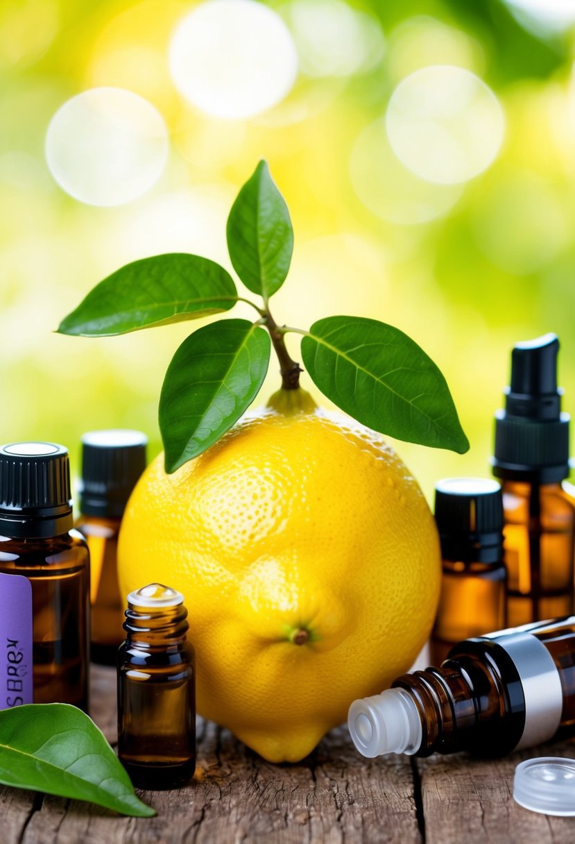 A bright yellow lemon with green leaves, surrounded by various bottles of essential oils and a roll-on applicator