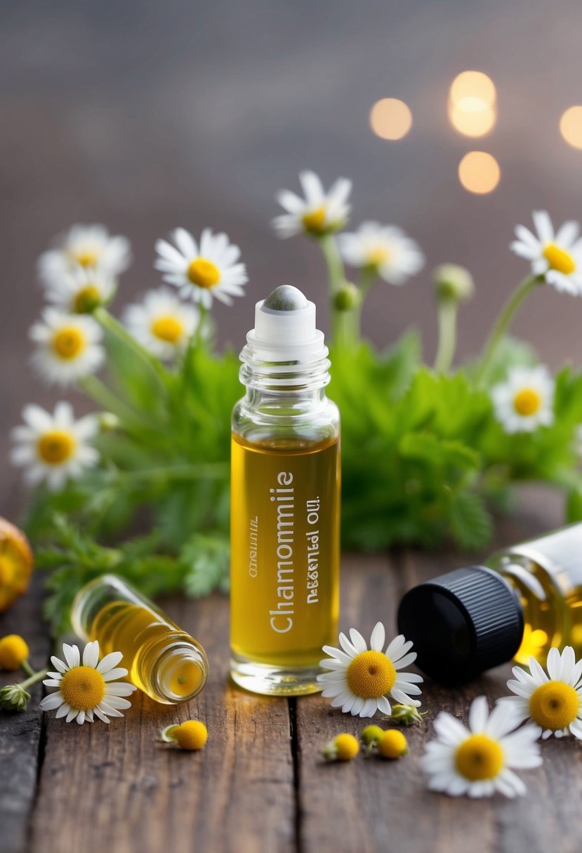 A small glass bottle of chamomile essential oil sits next to a rollerball applicator, surrounded by fresh chamomile flowers and other ingredients for a calming roll-on recipe