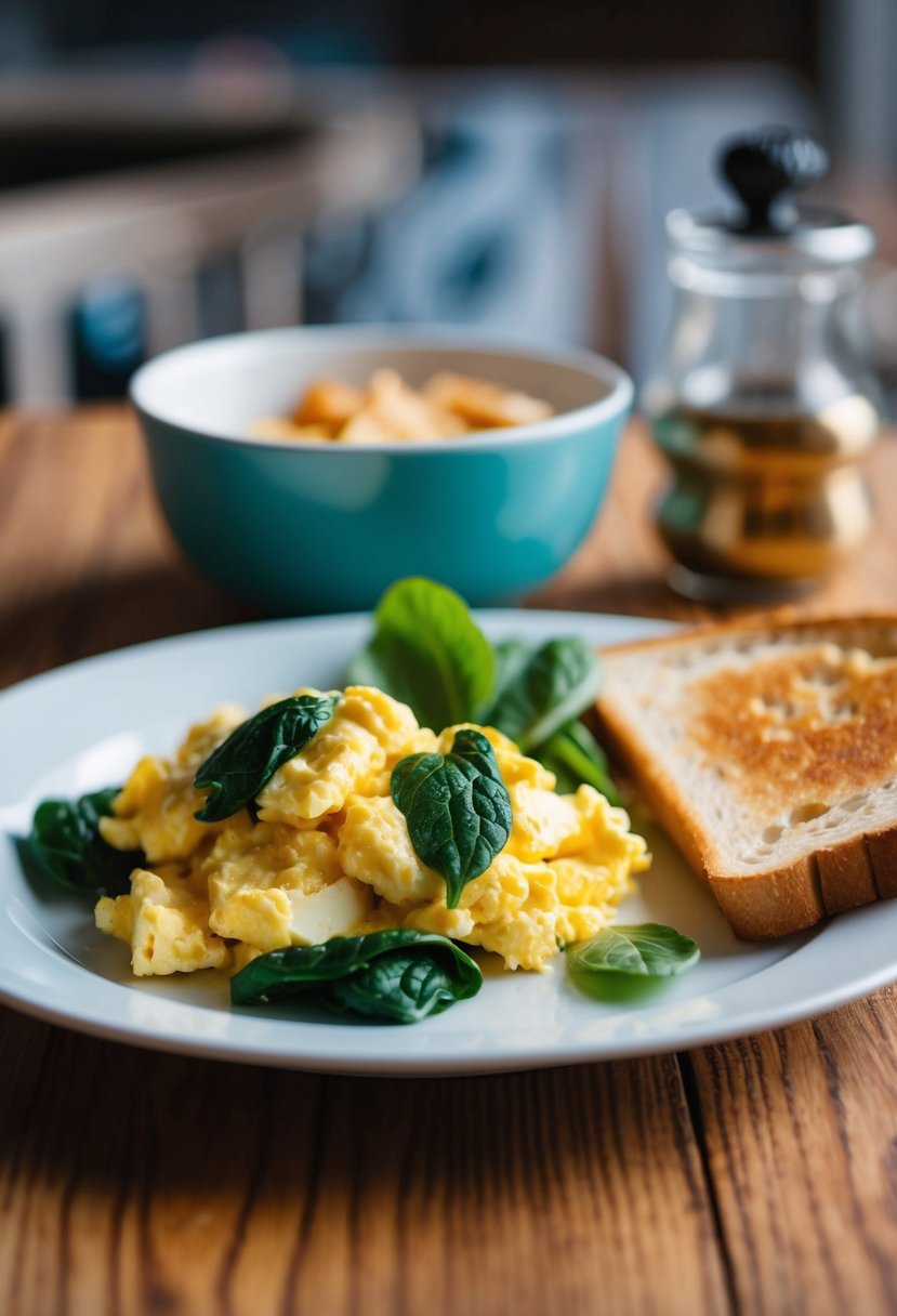 A plate of scrambled eggs with spinach and a side of toast on a wooden breakfast table