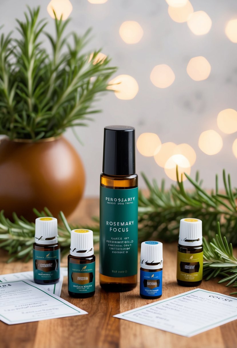 A bottle of Rosemary Focus roll-on surrounded by various essential oils and recipe cards on a wooden table