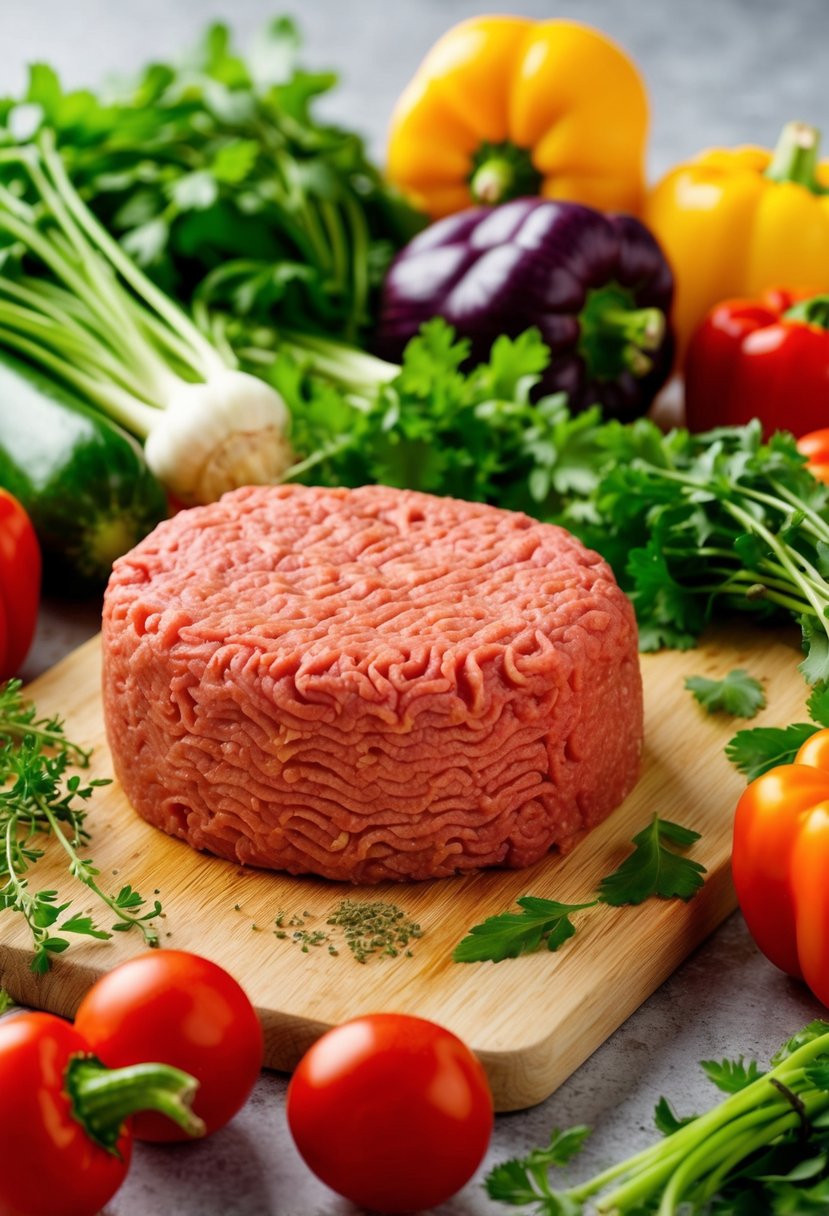 Fresh ground chuck surrounded by colorful vegetables and herbs on a clean cutting board