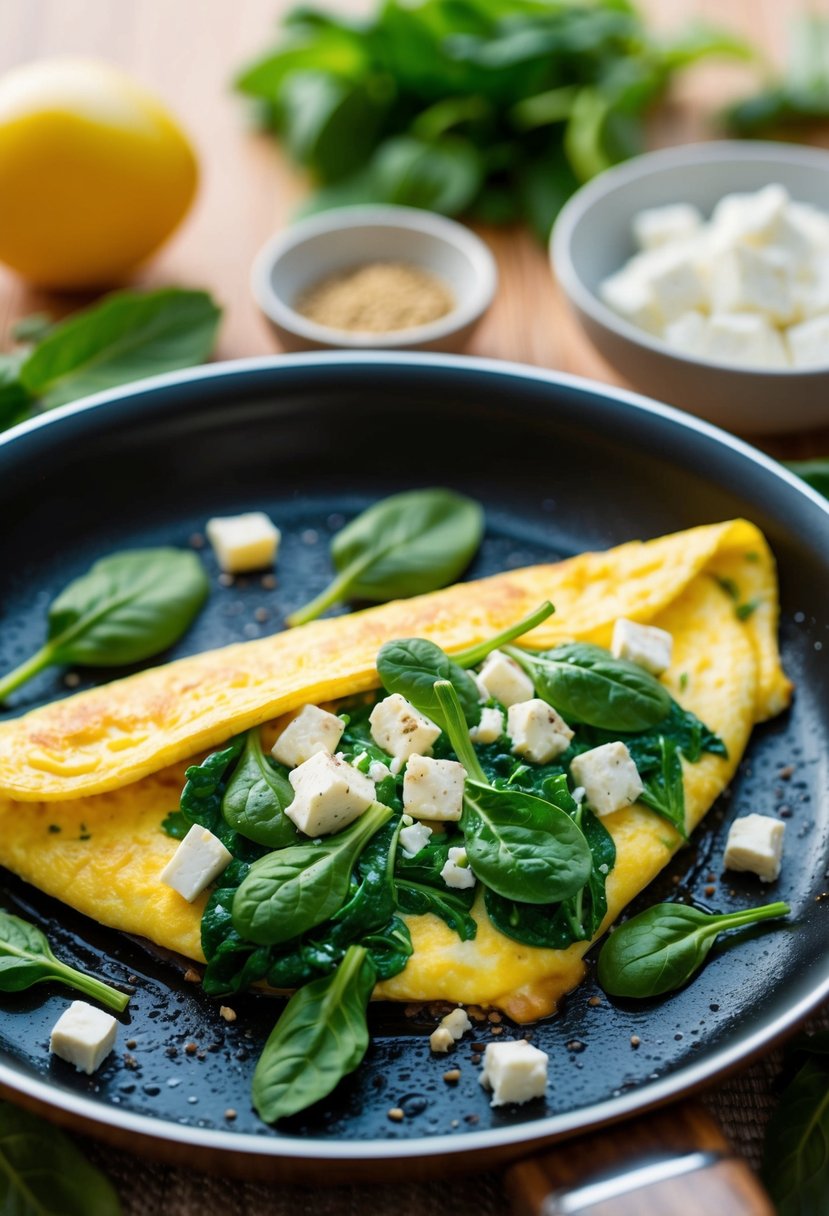 A sizzling omelette filled with vibrant green spinach and creamy feta cheese, surrounded by fresh ingredients and a warm, inviting atmosphere