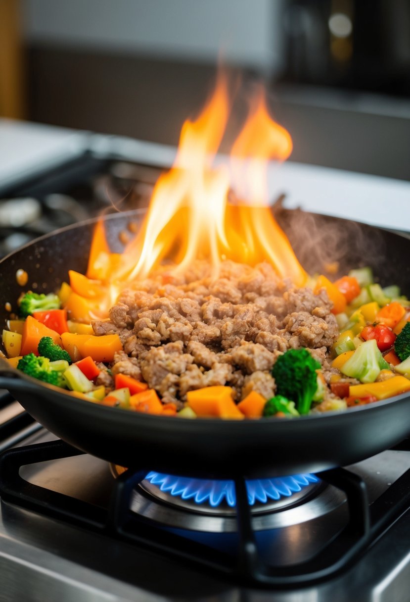 A sizzling skillet with colorful vegetables and ground chuck cooking together over a high flame