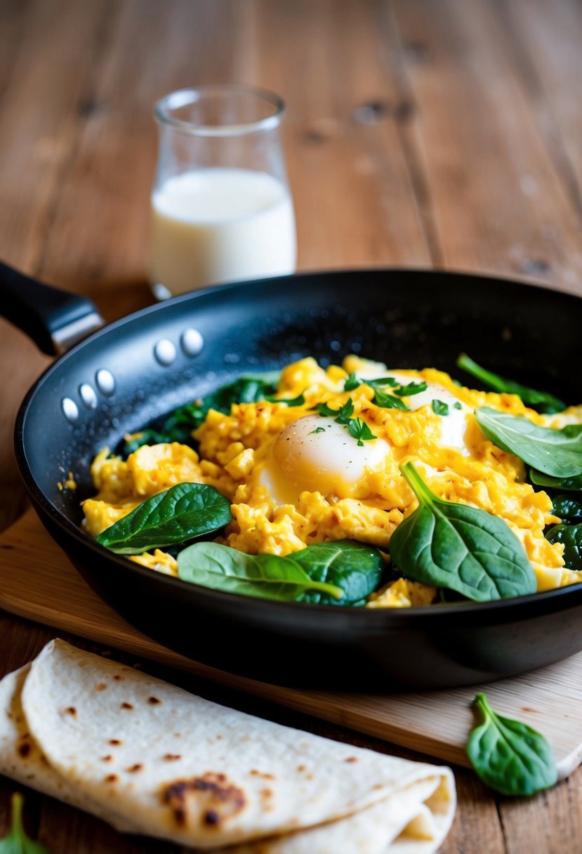 A sizzling skillet with scrambled eggs, fresh spinach, and a tortilla ready to be rolled into a breakfast burrito