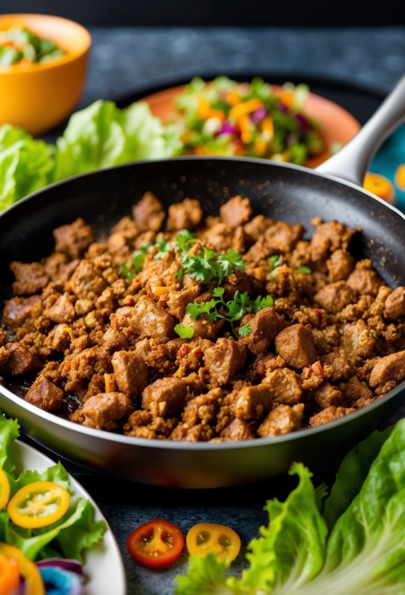 A sizzling skillet of spicy ground chuck, surrounded by vibrant green lettuce leaves and colorful toppings