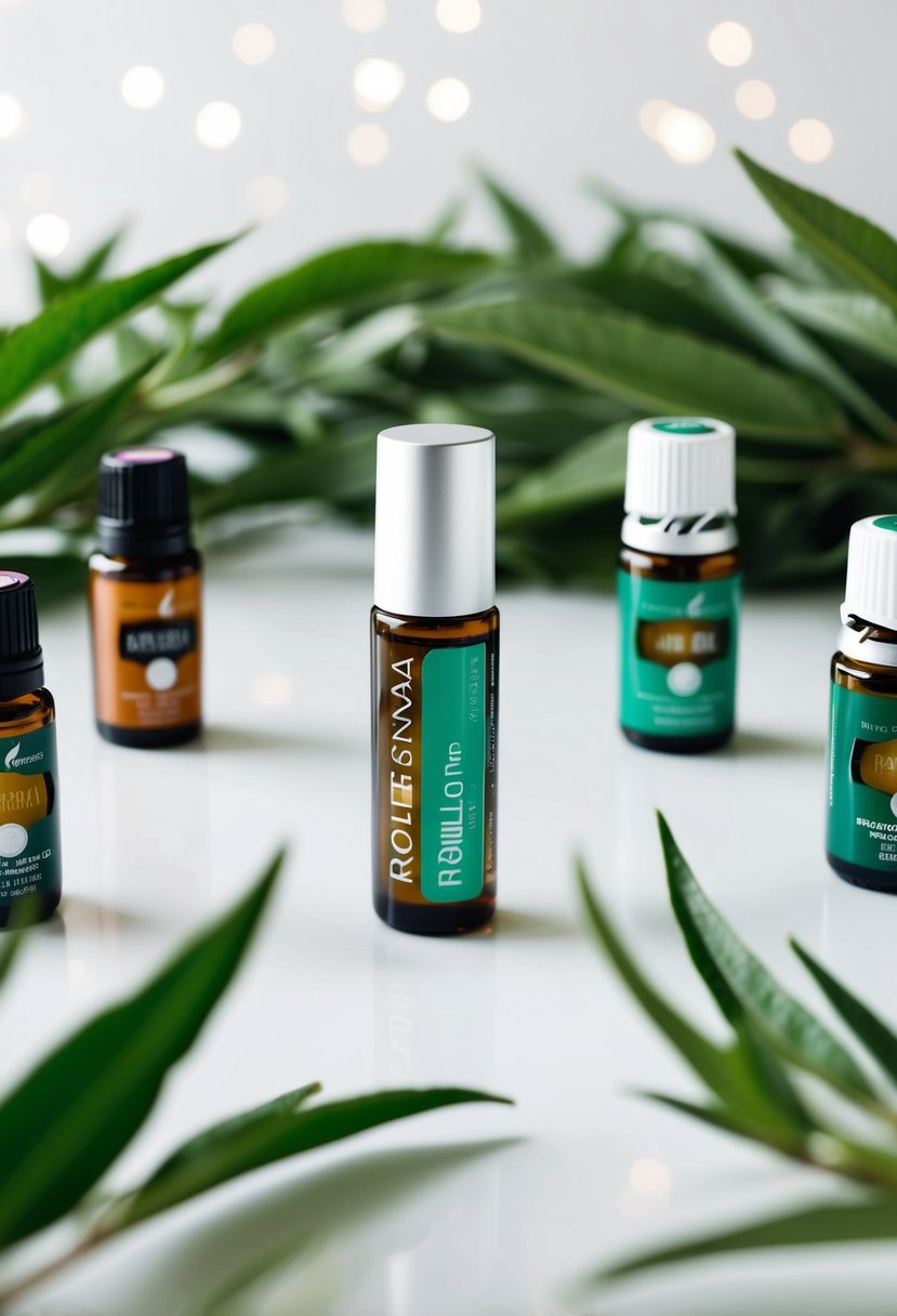 A roll-on bottle surrounded by tea tree leaves and various essential oil bottles on a clean, minimalist workspace