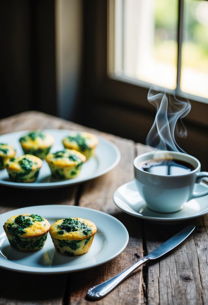 A plate of spinach egg muffins sits on a rustic wooden table next to a steaming cup of coffee. Sunlight streams in through a nearby window, casting a warm glow over the scene