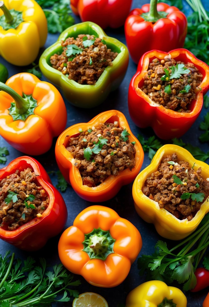 A colorful array of bell peppers stuffed with seasoned ground chuck, surrounded by fresh herbs and vibrant vegetables