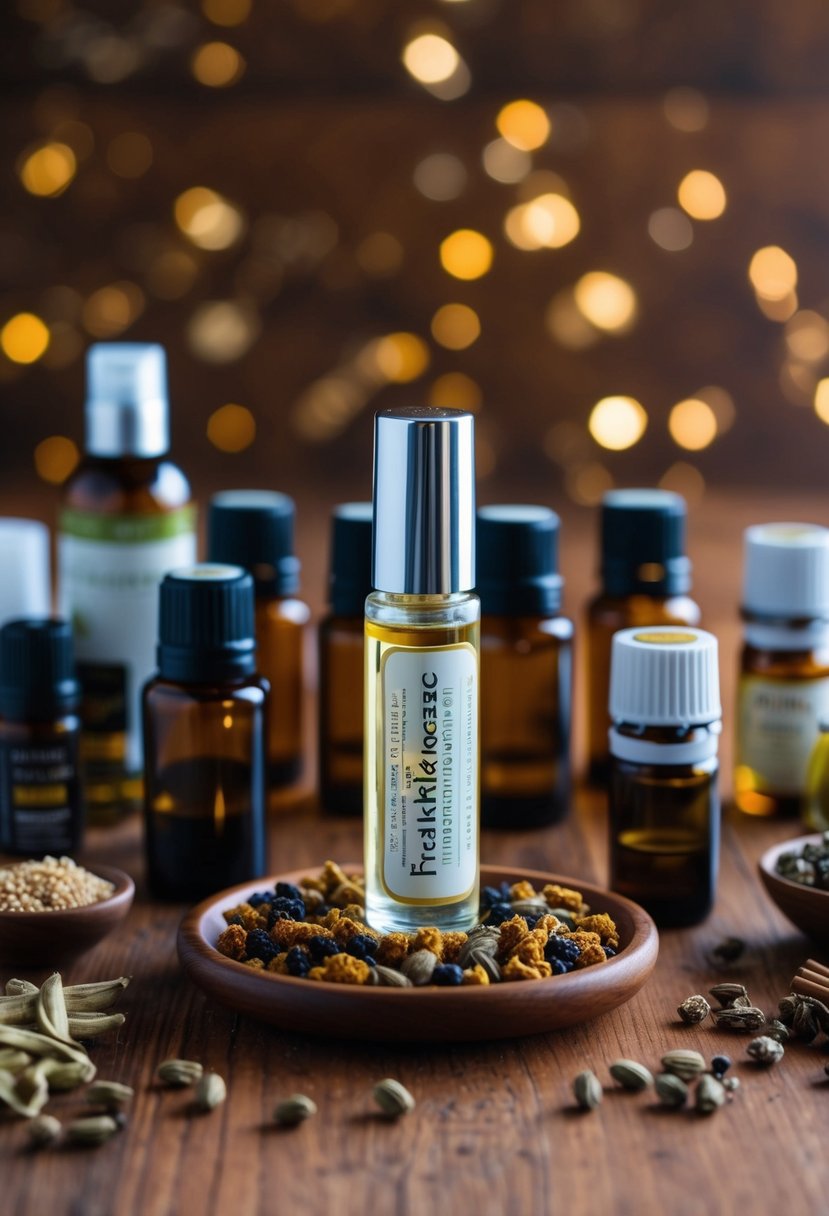 A glass roll-on bottle surrounded by frankincense, with essential oils and other ingredients arranged neatly on a wooden table