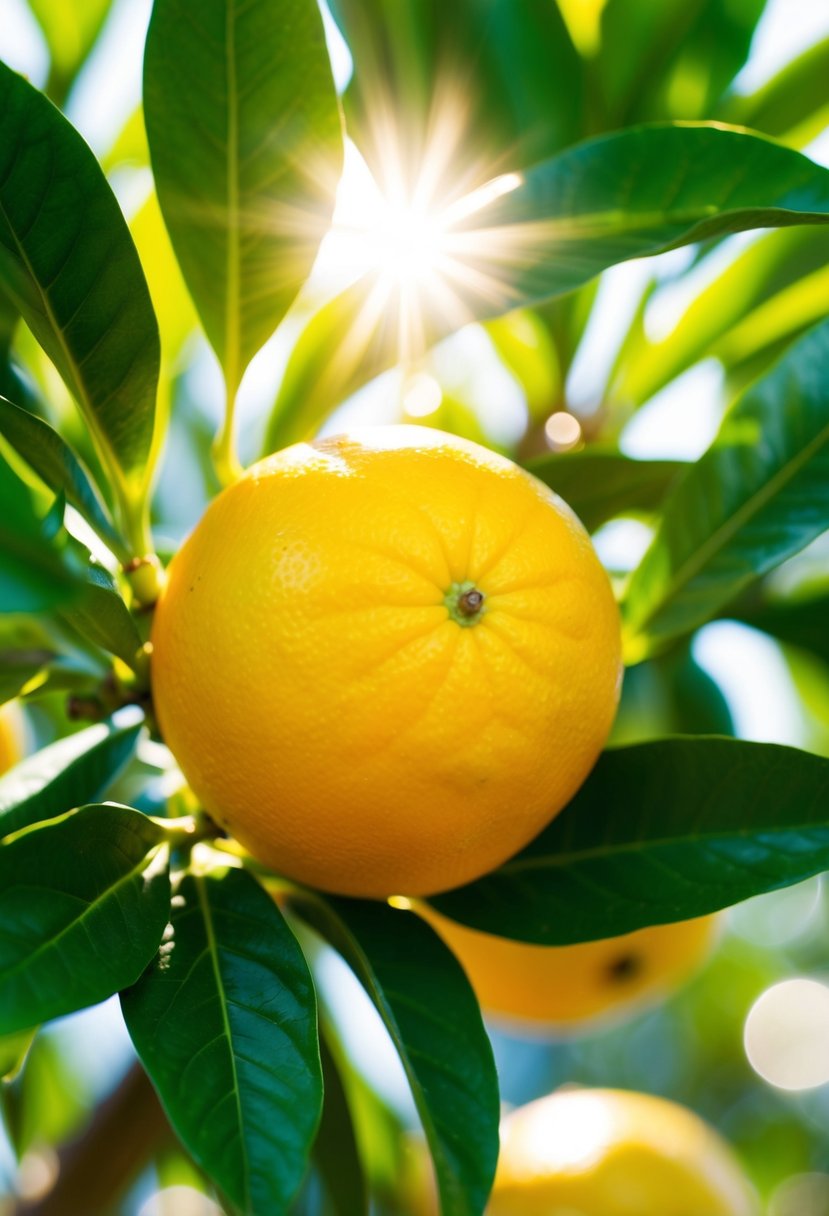 A bright yellow citrus fruit surrounded by vibrant green leaves, with rays of sunshine beaming down on it