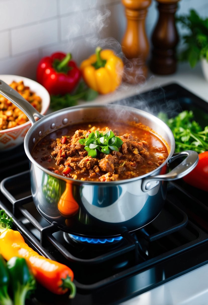 A steaming pot of hearty ground chuck chili simmering on a stovetop, surrounded by colorful vegetables and aromatic spices