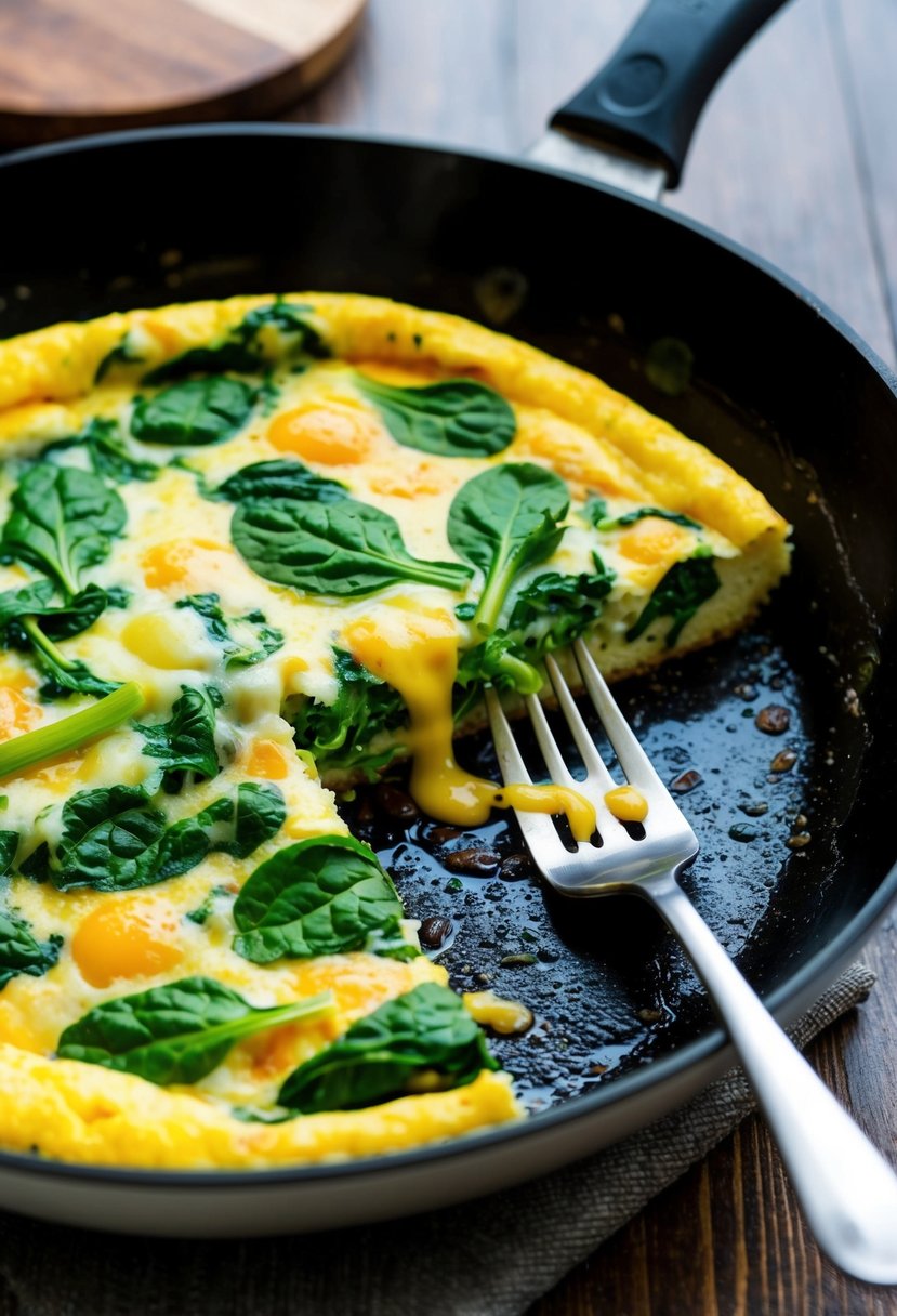 A sizzling frittata cooks in a skillet, filled with vibrant green spinach and gooey melted cheese. A fork rests beside the dish