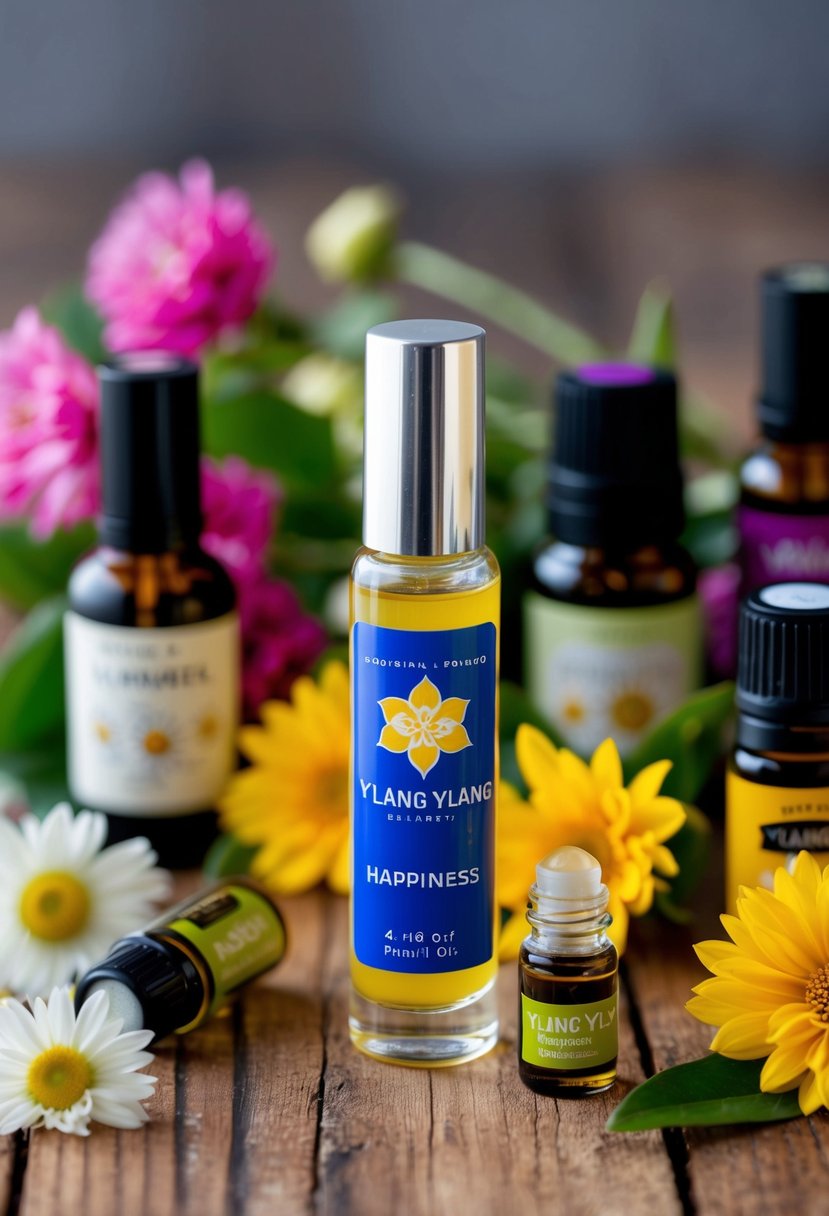 A glass bottle of Ylang Ylang Happiness roll-on surrounded by various essential oil bottles and fresh flowers on a wooden table