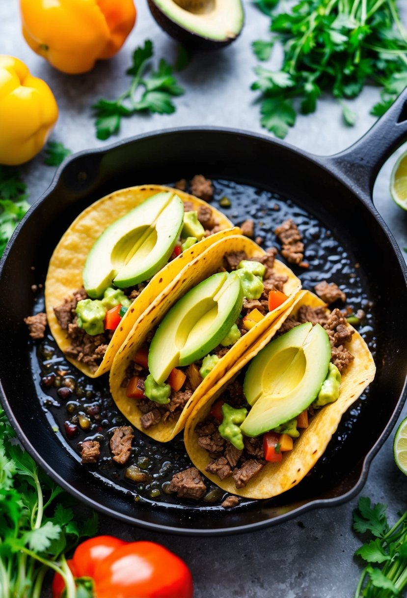 A sizzling skillet of ground chuck tacos topped with vibrant avocado salsa, surrounded by colorful vegetables and herbs