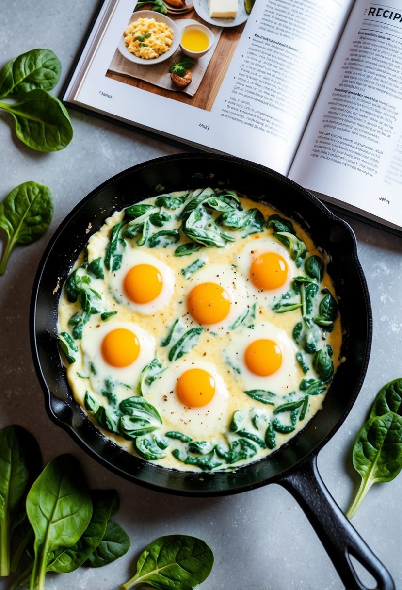 A skillet of creamy spinach scrambled eggs sizzling on a stove, surrounded by fresh spinach leaves and a recipe book open to a breakfast section