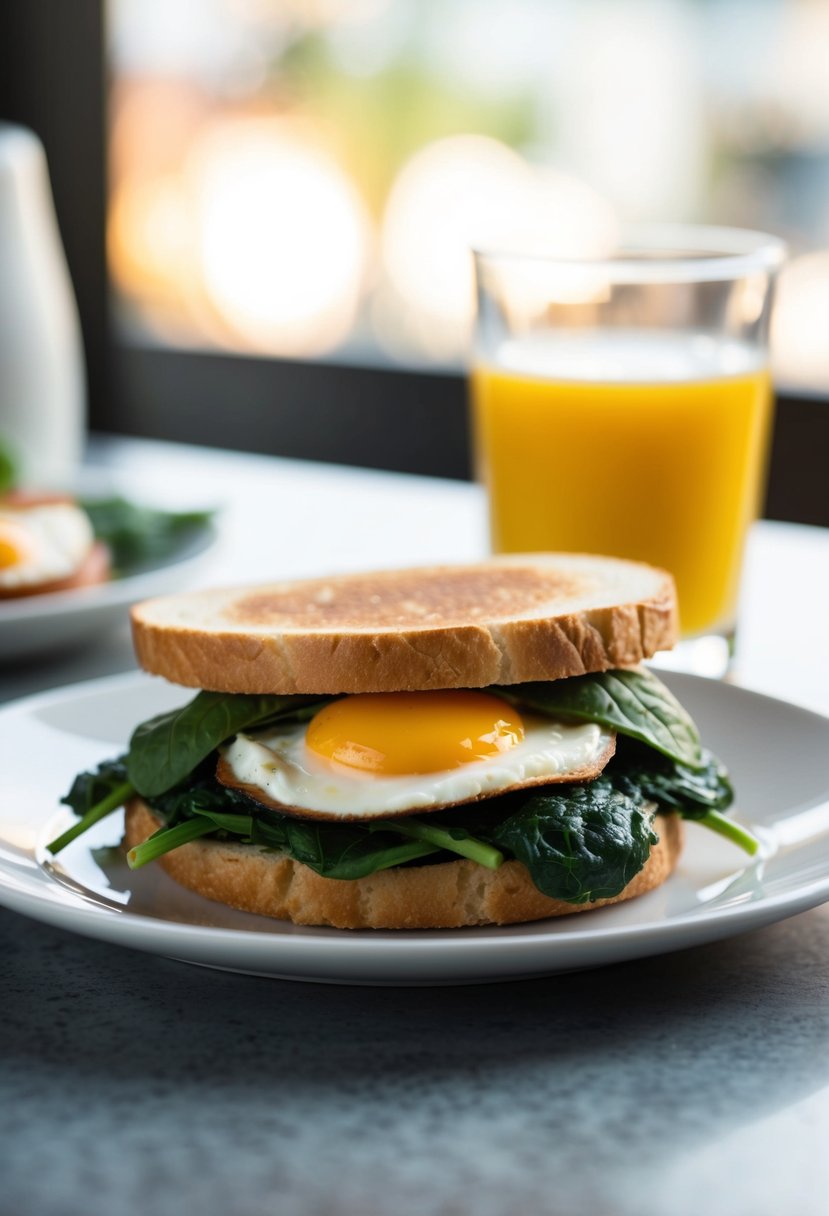 A breakfast sandwich with spinach and eggs on a plate