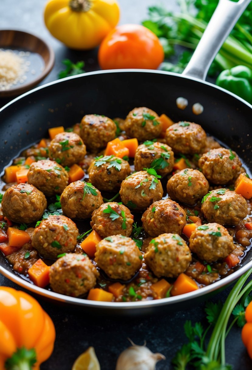 A sizzling skillet of sweet and sour ground chuck meatballs, surrounded by vibrant vegetables and herbs