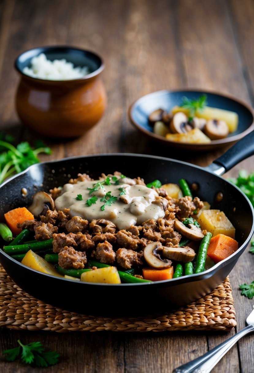 A sizzling skillet with savory ground chuck and mushroom gravy bubbling over a bed of steamed vegetables