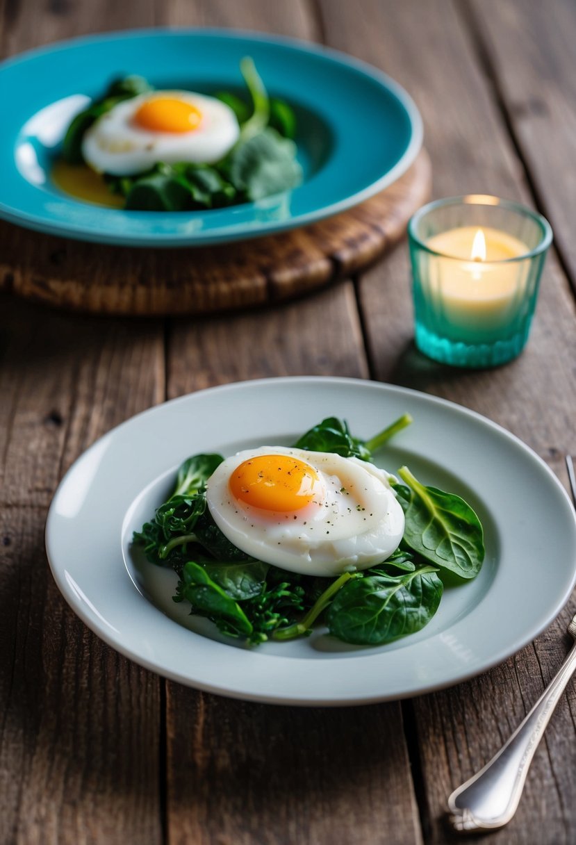 A plate of Eggs Florentine sits on a rustic wooden table, with vibrant green spinach peeking out from under the perfectly poached eggs