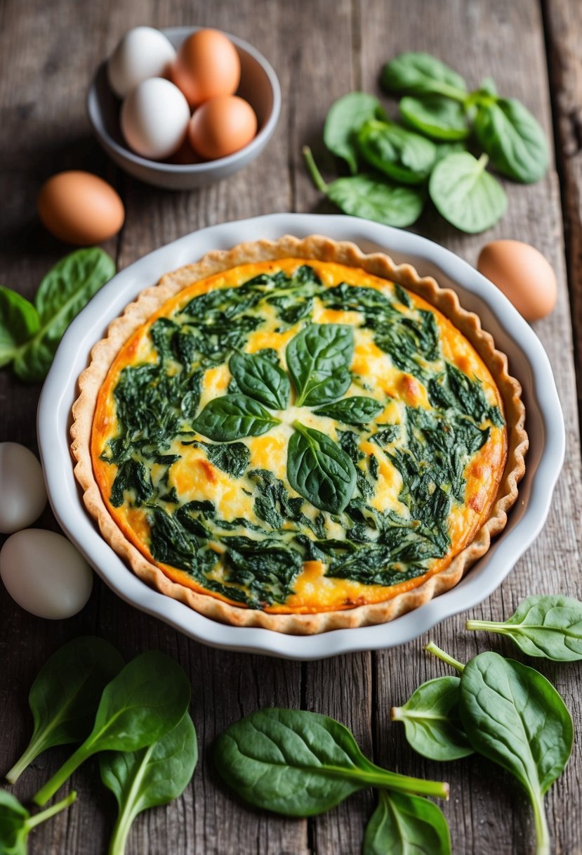 A golden-brown spinach quiche sits on a rustic wooden table, surrounded by a scattering of fresh spinach leaves and a bowl of farm-fresh eggs