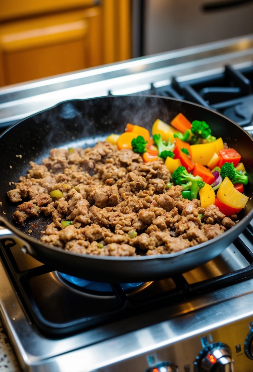 A sizzling skillet with ground chuck and colorful veggies cooking together over a hot stove