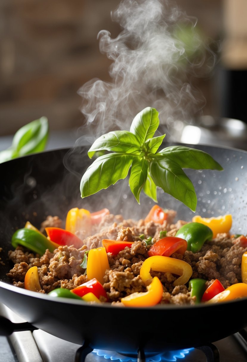 Fresh basil, bell peppers, and ground chuck sizzle in a hot wok, emitting fragrant aromas as they are tossed together in a stir-fry