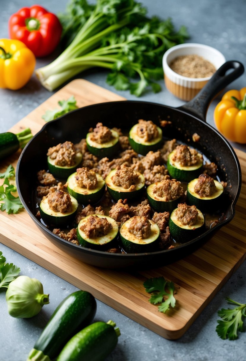 A sizzling skillet of ground chuck and zucchini boats on a cutting board surrounded by fresh ingredients