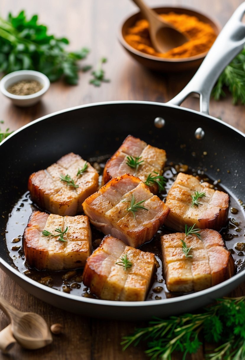 Pork belly slices sizzling in a hot skillet, surrounded by aromatic herbs and spices