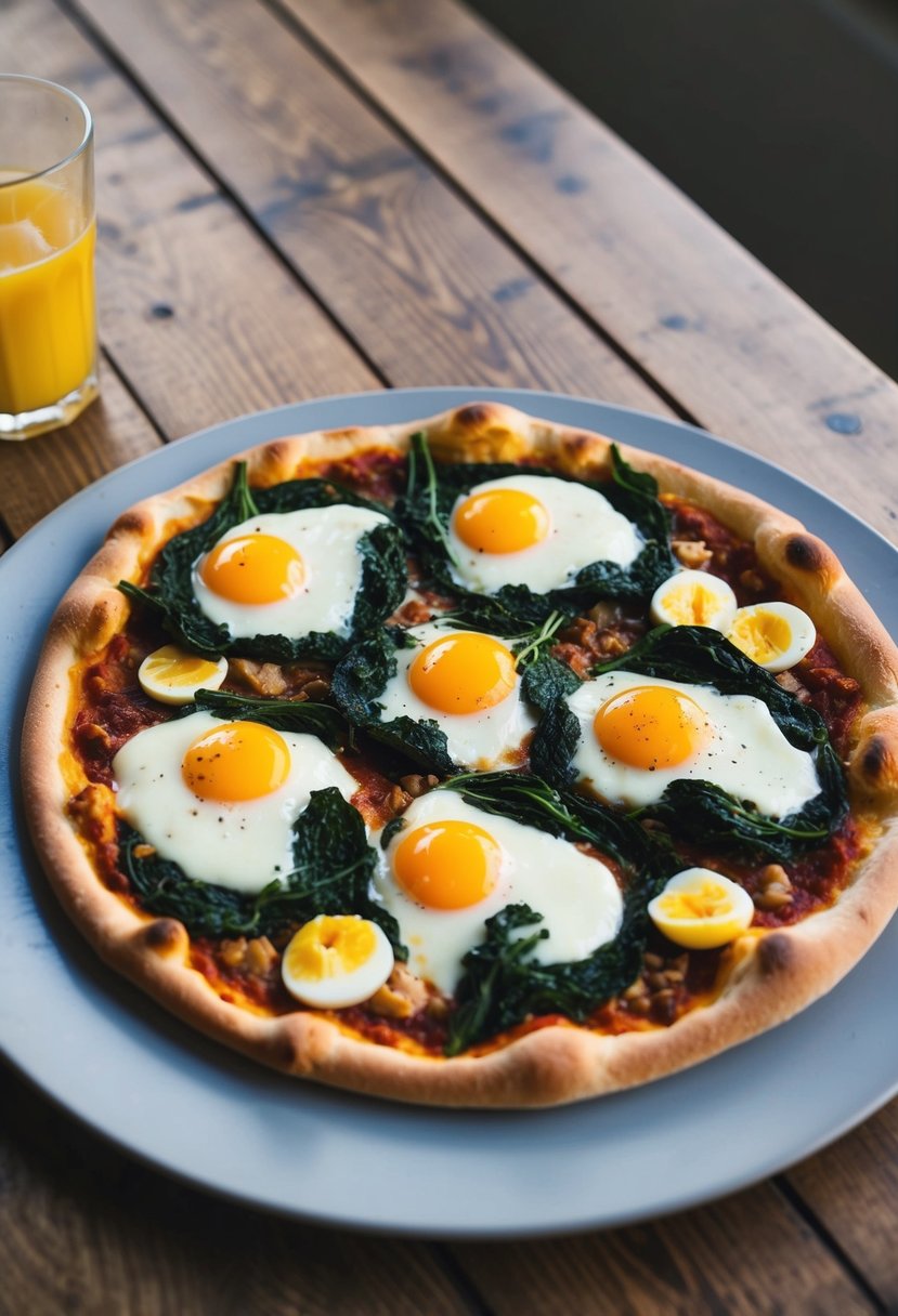 A breakfast pizza topped with spinach and eggs on a wooden table