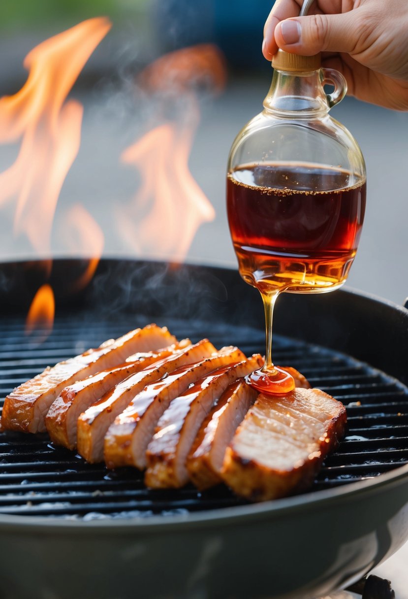 Pork belly slices being glazed with maple syrup on a sizzling hot grill