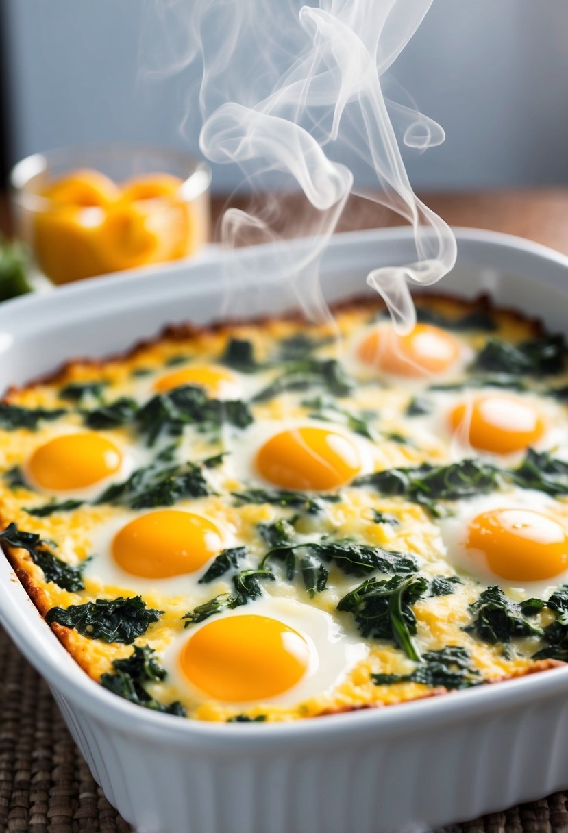 A golden-brown spinach egg casserole sits in a white baking dish, steam rising from the fluffy eggs and wilted spinach