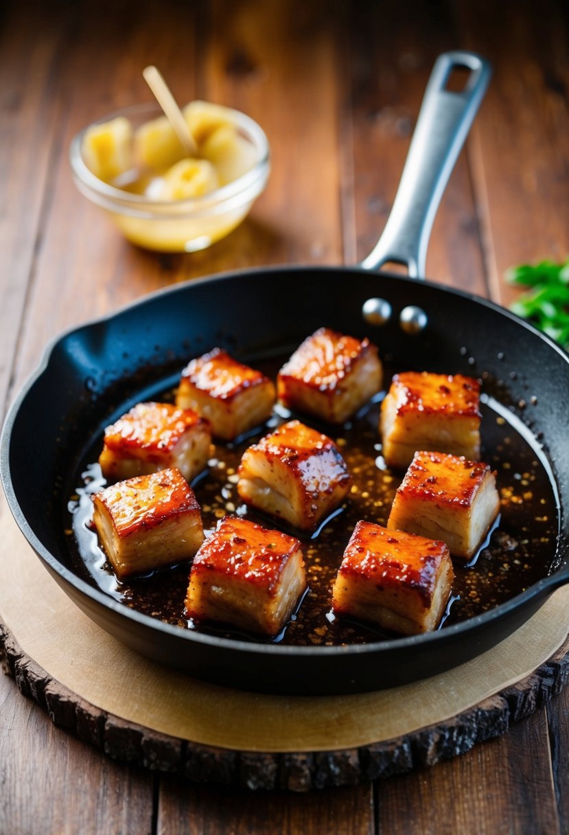 Sizzling pork belly bites in a honey garlic glaze on a hot skillet