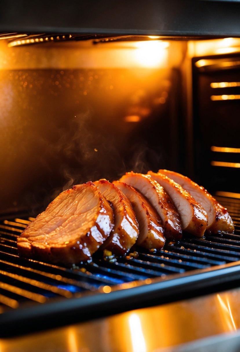 Pork belly slices sizzling in a sticky bourbon glaze, glistening under a golden broiler