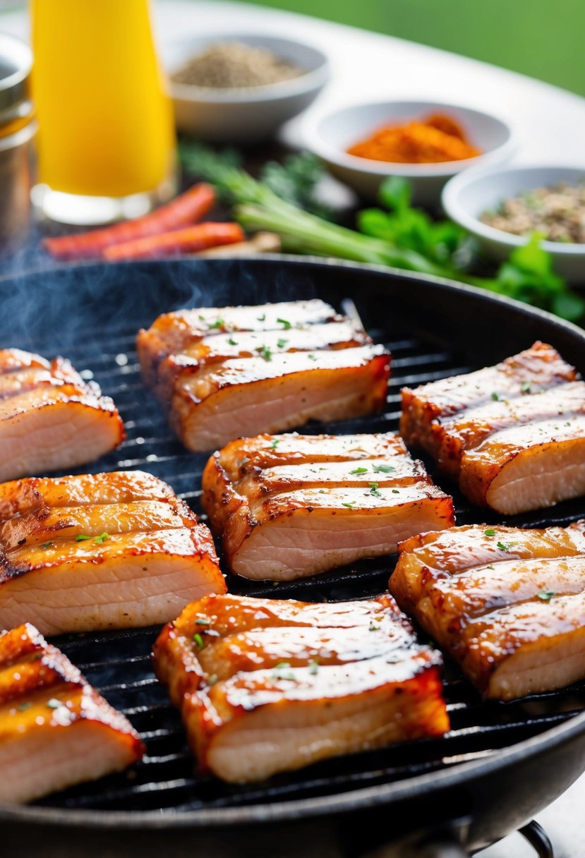 Sizzling pork belly slices on a hot Korean BBQ grill, surrounded by vibrant spices and herbs