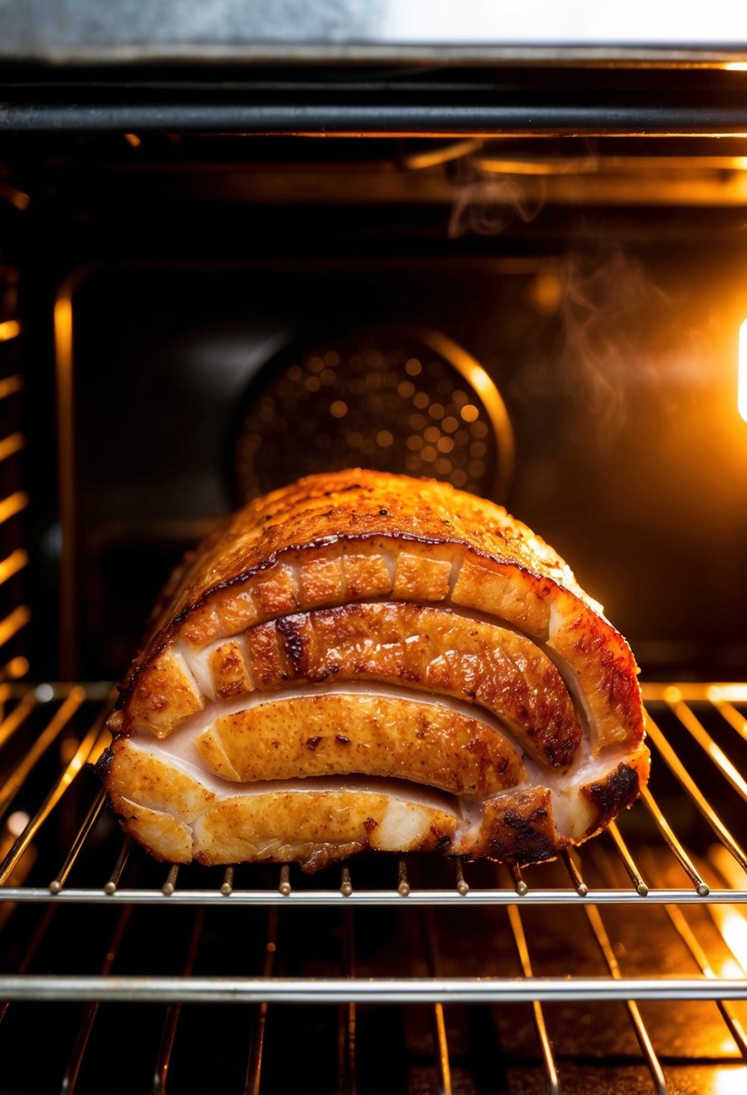 A golden-brown pork belly sizzling on a wire rack in a hot oven. Juicy fat rendering, skin crisping