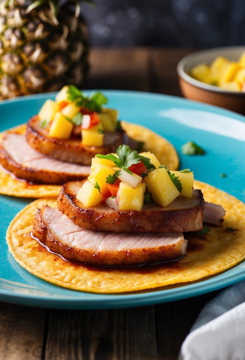 Sizzling pork belly slices topped with vibrant pineapple salsa on warm corn tortillas