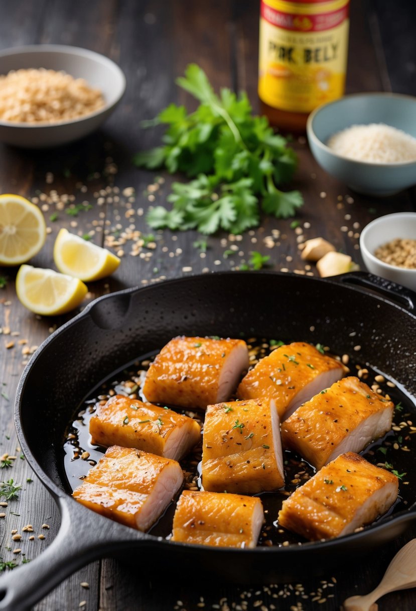 Sizzling pork belly slices in a ginger soy marinade, surrounded by scattered ingredients and a sizzling skillet