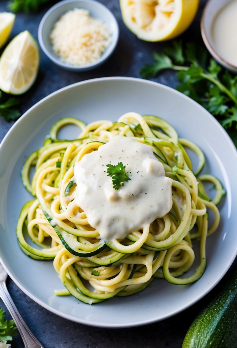 A plate of zucchini noodles topped with creamy alfredo sauce, surrounded by fresh ingredients