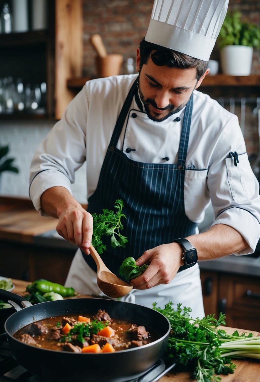 A chef preparing a gluten-free, dairy-free beef stew with fresh vegetables and herbs in a rustic kitchen setting