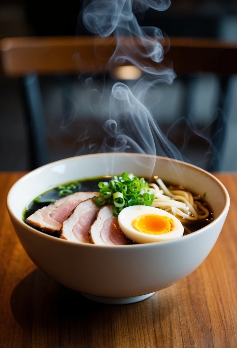 A steaming bowl of pork belly ramen with tender slices of pork belly, garnished with green onions and a soft-boiled egg, sits on a wooden table