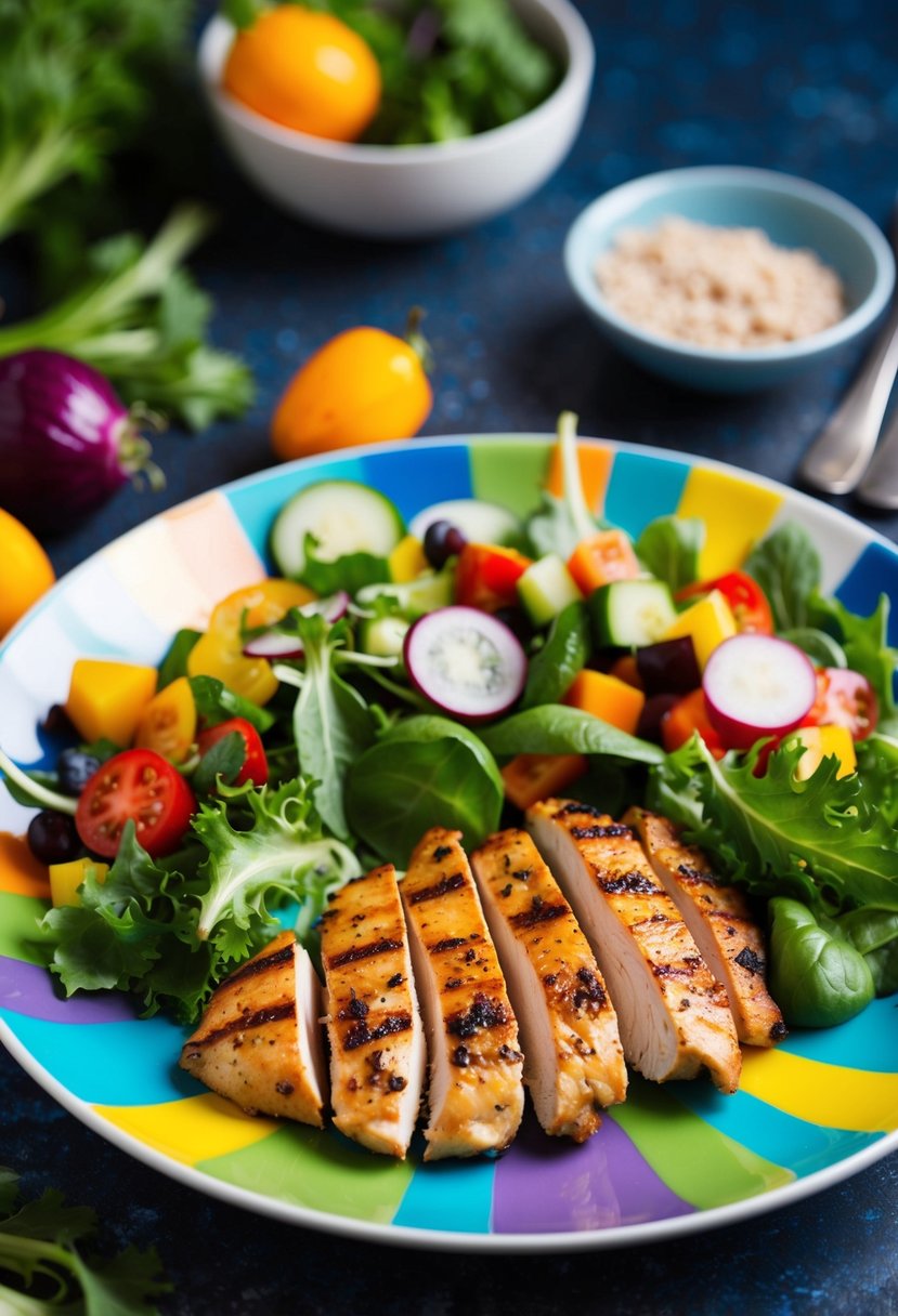 A colorful plate with grilled chicken, mixed greens, and various vegetables arranged in an appetizing salad