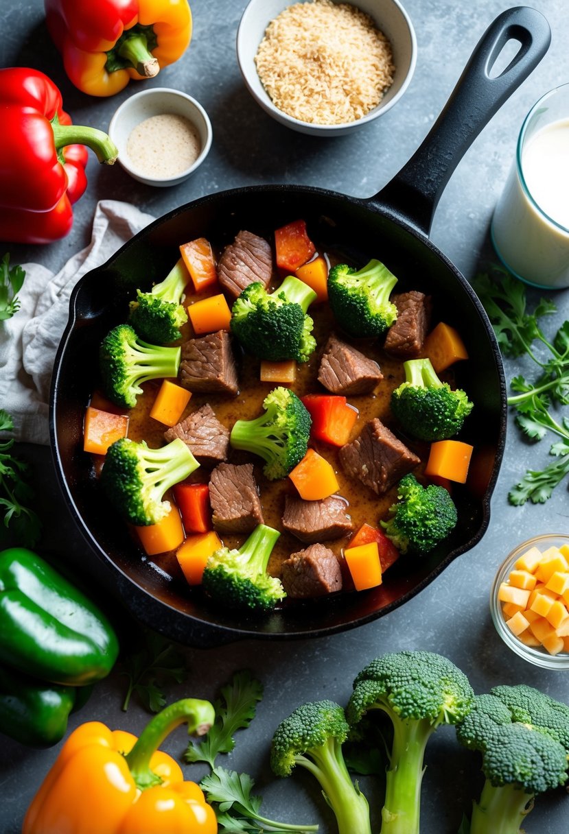 A sizzling skillet with chunks of beef, vibrant green broccoli, and colorful bell peppers, surrounded by various gluten and dairy-free ingredients